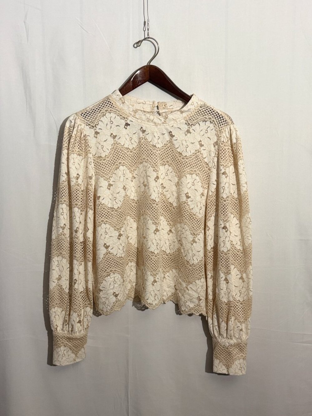 Anthropologie Dolan Left Coast Floral Mock-Neck Lace Blouse Cream Tan XL